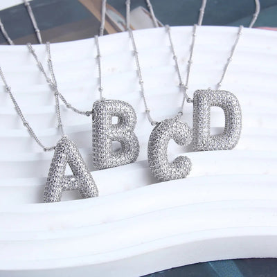 Bubble letter initial necklace set | White Gold