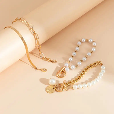 Chic Gold 4-Piece Bracelet Set – Snake, Pearls & Links | Gold