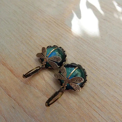 Spherical dragonfly earrings in antique gold