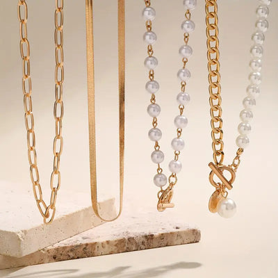 Vintage Pearl & Gold Snake Chain Necklace Set | Gold