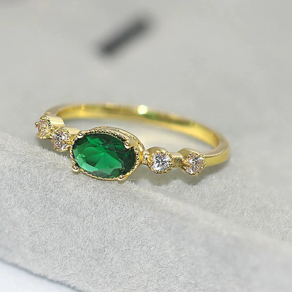Vintage Gold Green Oval Gemstone & Sparkling Side Ring
