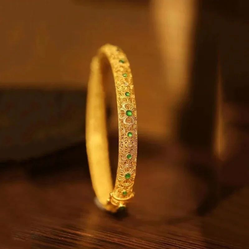 Ethnic Style Gold Green Gemstone & Floral Pattern Bangle Bracelet